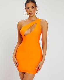 Neon Orange One Shoulder Cut Out Bodycon Dress