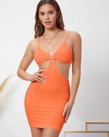 Neon Orange Solid Backless Cut Out Bodycon Dress