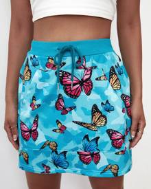Butterfly Print Drawstring Waist Straight Skirt