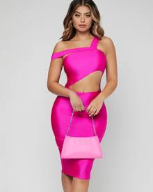 Neon Pink Asymmetrical Neck Cut Out Bodycon Dress