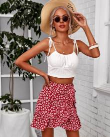 Knotted Shoulder Cami Top & Ditsy Floral Print Tie Side Wrap Skirt