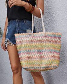 Color Block Straw Tote Bag