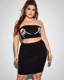 Plus Gesture Print Tube Top & Skirt Set