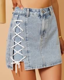 Lace Up Asymmetrical Denim Skirt