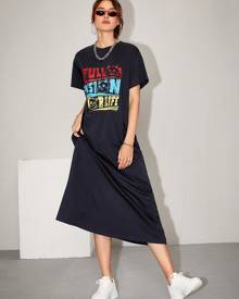 Letter & Cat Graphic Drop Shoulder Dress