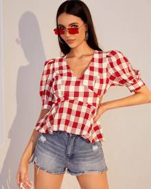 Plaid Cut Out Crisscross Wrap Ruffle Hem Puff Sleeve Blouse