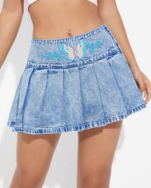 Butterfly Print Pleated Mini Denim Skirt