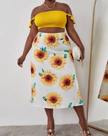 Plus Solid Shirred Tube Top And Sunflower Print Split Thigh Skirt