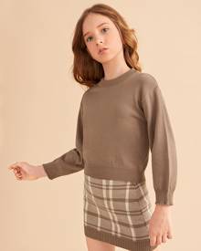 Girls Solid Sweater With Plaid Pattern Knit Skirt