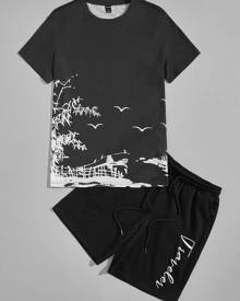 Men Landscape Print Tee & Letter Graphic Drawstring Waist Shorts