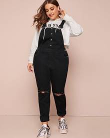 Plus Ripped Frayed Single Breasted Denim Overalls