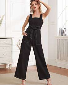 Belted Wide Leg Denim Overalls