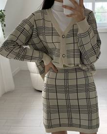 Plaid Pattern Drop Shoulder Cardigan & Knit Skirt