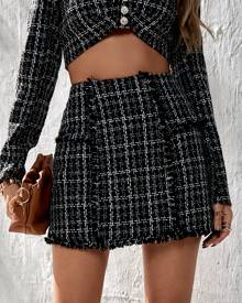 Plaid Tweed Straight Skirt
