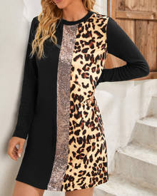 Leopard Print Sequin Insert Tee Dress