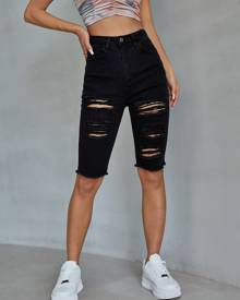 Ripped Raw Hem Denim Bermuda Shorts