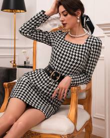 Houndstooth Belted Bodycon Dress