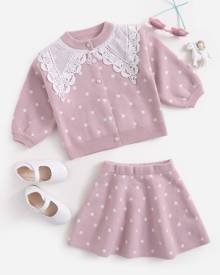 Toddler Girls Contrast Guipure Lace Polka Dot Pattern Cardigan & Knit Skirt