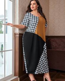 Plus Houndstooth Colorblock Dress
