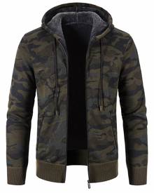 Men Camo Print Teddy Lined Hooded Cardigan Without Tee