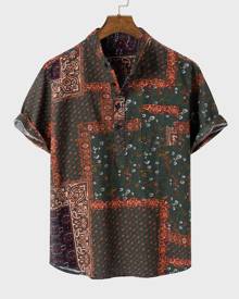 Men Scarf Print And Floral Print Button Half Placket Shirt