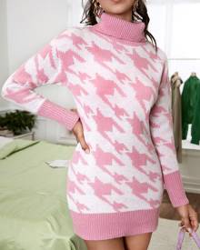 Houndstooth Pattern Turtleneck Sweater Dress