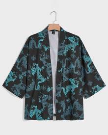 Men Open Front Chinese Dragon Print Shirt