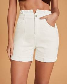 Paperbag Waist Roll Hem Slant Pocket Denim Shorts