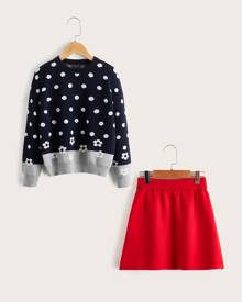 Girls Floral And Polka Dot Pattern Sweater & Knit Skirt