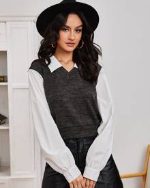 V-neck Collared Colorblock Top
