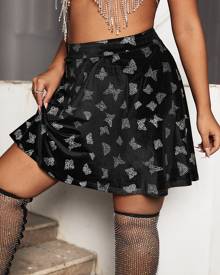 Plus Butterfly Print Velvet Skirt