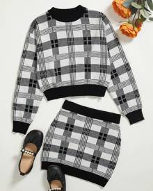 Girls Plaid Pattern Sweater & Knit Skirt
