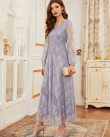 Lace Puff Sleeve A-line Dress Without Belt