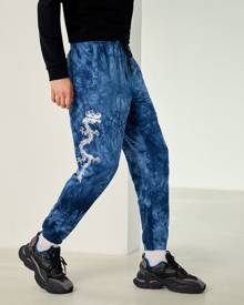 Men Chinese Dragon Print Tie Dye Sweatpants