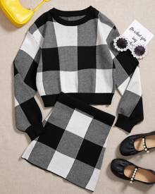 Girls Buffalo Plaid Pattern Sweater & Knit Skirt