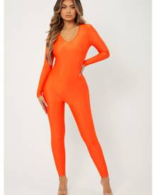 Neon Orange Solid V Neck Unitard Jumpsuit