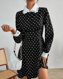Contrast Collar Polka Dot Print Dress