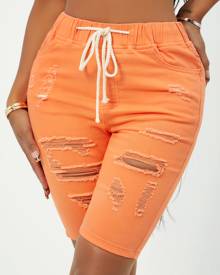 High Waist Ripped Drawstring Waist Denim Shorts