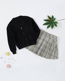 Girls Ribbed Knit Cardigan & Plaid Pleated Skirt