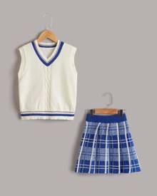 Girls Striped Trim Sweater Vest & Plaid Pattern Knit Skirt