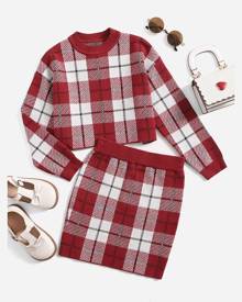 Girls Plaid Pattern Drop Shoulder Sweater & Knit Skirt