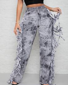 Fringe Trim Tie Dye Straight Jeans