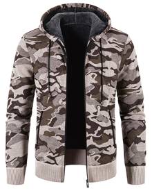 Men Camo Print Teddy Lined Hooded Cardigan