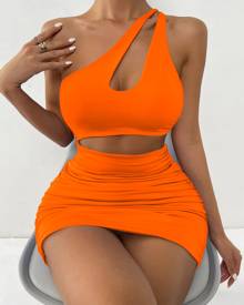 Neon Orange One Shoulder Cut Out Ruched Bodycon Dress