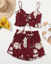 Lace Up Front Floral Cami Top With Shorts