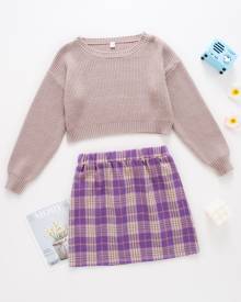 Girls Ribbed Knit Sweater & Plaid Skirt