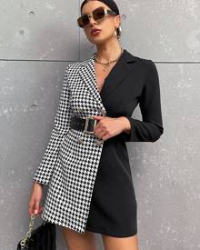 Houndstooth Double Breasted Blazer Dress Without Belt