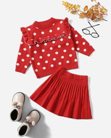 Toddler Girls Ruffle Trim Polka Dot Sweater & Pleated Knit Skirt