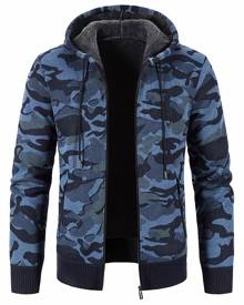 Men Camo Print Teddy Lined Hooded Cardigan Without Tee