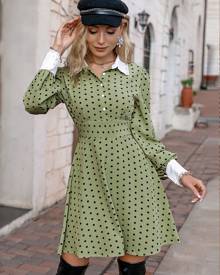 Polka Dot Print Lace Trim Lantern Sleeve Dress